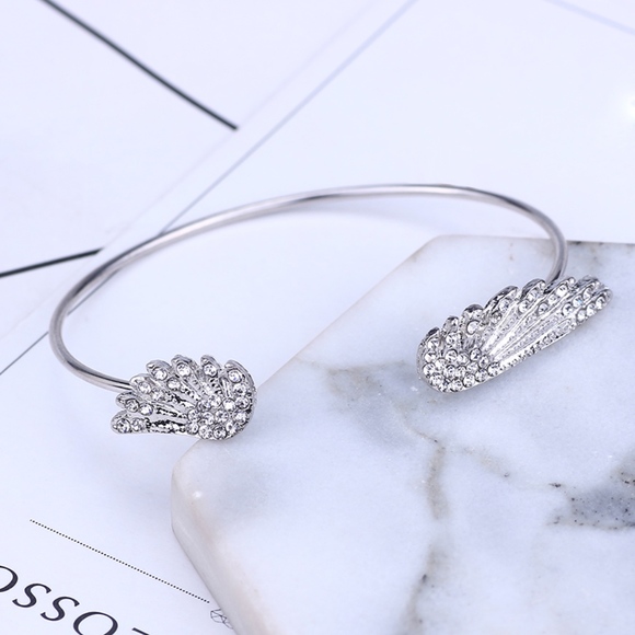 Silver Crystal Angel Wings Cuff Bangle Bracelet - Picture 6 of 7